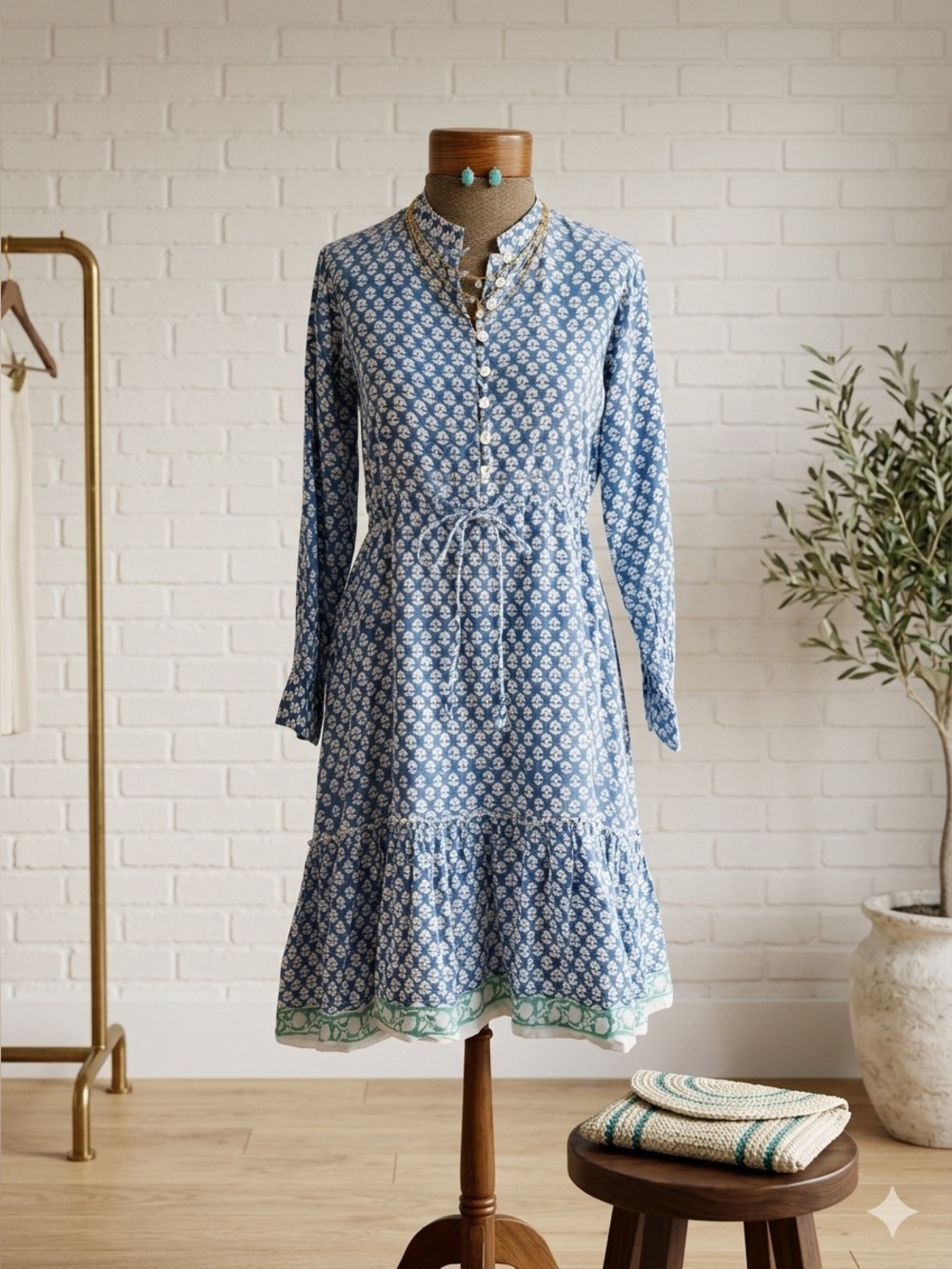 🌸 CJ Laing Floral Shirt Dress | XS | Blue & White | Tie Waist | High-Low Hem